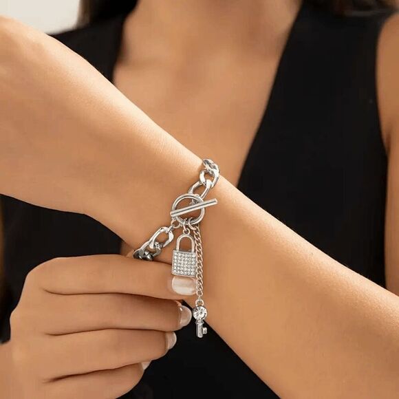 Lock & Key Diamond Cuban Chain Bracelet - Picture 1 of 5